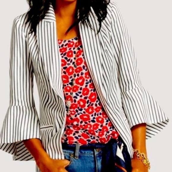 Cabi style # 5295 stripe cotton blazer bell sleeve single button ivory blue Sz 4 - Picture 1 of 13
